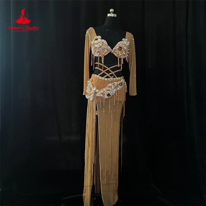 Belly Dance Costume Suit for Women Oriental Senior Pearls Bra+mesh Skirt 2pcs Custom Adult Child Popsong Classic Costume Outfit