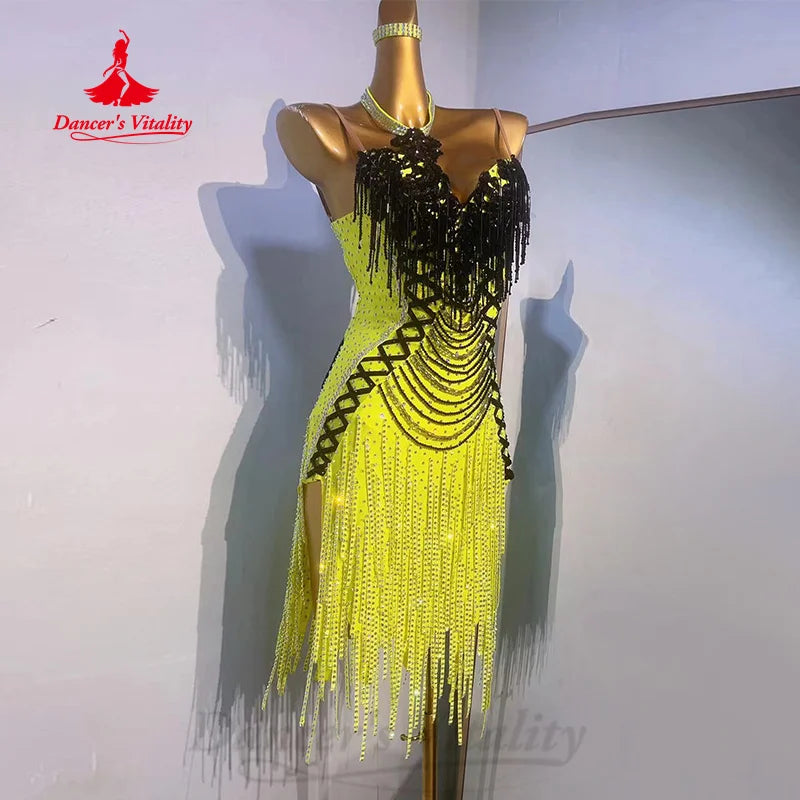 Latin Dance Performance Costumes Adult Children Customized Luxury Full Diamond Tassel Dress Chacha Samba Competition Dresses