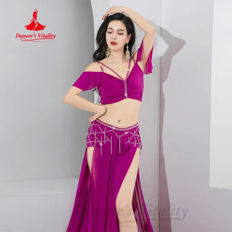 Belly Dancing Practice Set Women Customized Luxury AB Stones Top+Sexy Split Long Skirt 2pcs Oriental Dance Performance Clothing