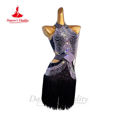 Latin Dance Performance Fringe Dress for Women AB Stones Rumba Chacha Tango Competiton Costume Custom Adult Child Latin Skirt