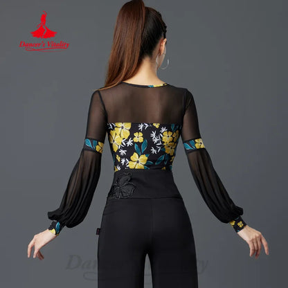 Latin Dancing Modern Dance Costume Women's Customized High Grade Printed Long Sleeved Top Tango Chacha Samba Training Clothes