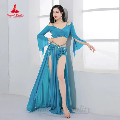 BellyDance Costume Suit Customized Trumpet Sleeve Top+Chiffon Split Long Skirt 2pcs Women's Oriental Dance Performance Clothing