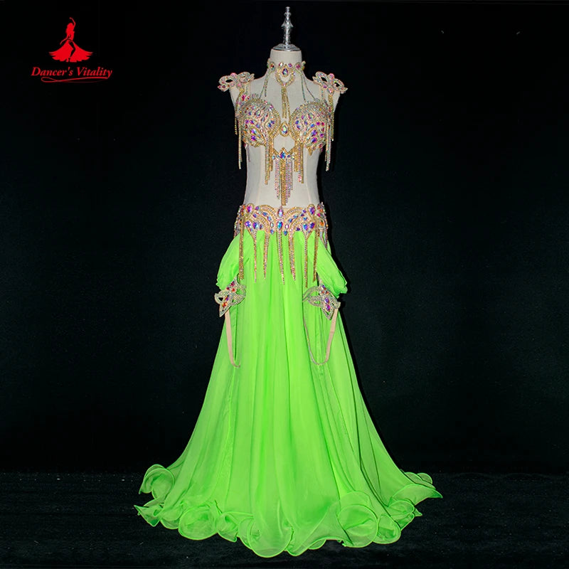 Belly Dance Costume Suit Women Customsized AB Stones Bra+belt+accessories+chiffon Long Skirt 4pcs Female Belly Dancing Outfit