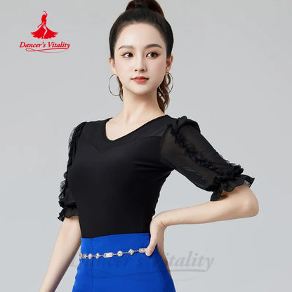 Modern Dance Practice Clothes Customized Comfortable and Breathable Half Sleeve Top Tango Chacha Samba Latin Dance Clothing