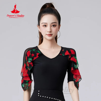 Latin Dance Top Women's Customized Printed Half Sleeve Tops Tango Rumba Samba Professional Practice Clothing Modern Dance Outfit