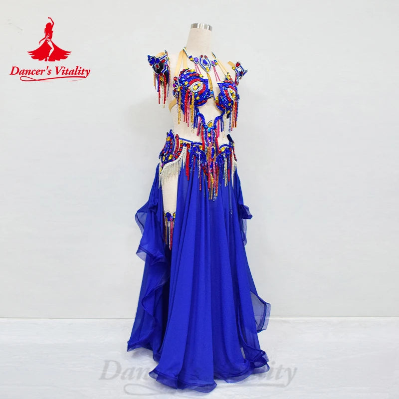 BellyDance Costume Set Customized Luxury Rhinestone Bra+Sexy Split Chiffon Long Skirt 2pcs Oriental Dance  Performance Clothing