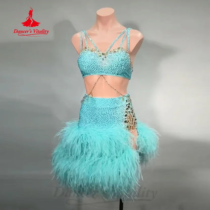 Latin Dance High End Feather Dress Women's Customized Luxury Rhinestone Dresses Chacha Samba Professional Performance Costume