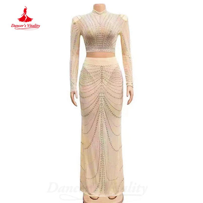 BellyDance Costume  Light Luxury Set Long Sleeved Top+Wrap Buttocks Long Skirt 2pcs Women's Oriental Dance Performance Costumes