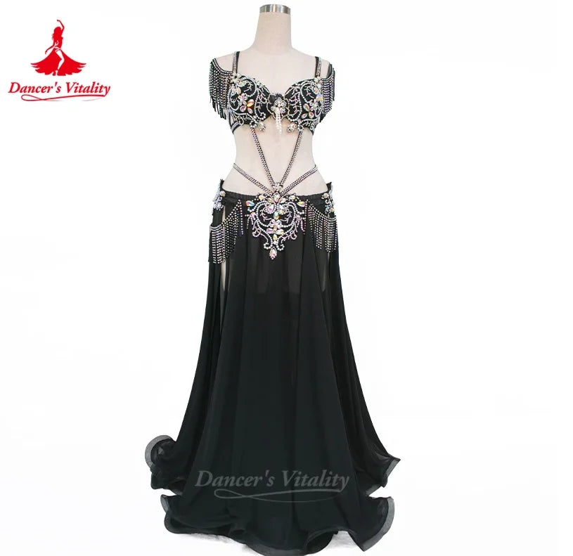 Belly Dance Performance Set Exquisite Pearl Bra+Tassel Chiffon Long Skirt 2pcs Adult Women's Oriental Dance Competition Costumes