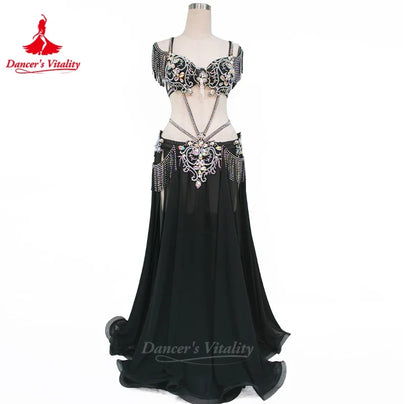 Belly Dance Performance Set Exquisite Pearl Bra+Tassel Chiffon Long Skirt 2pcs Adult Women's Oriental Dance Competition Costumes