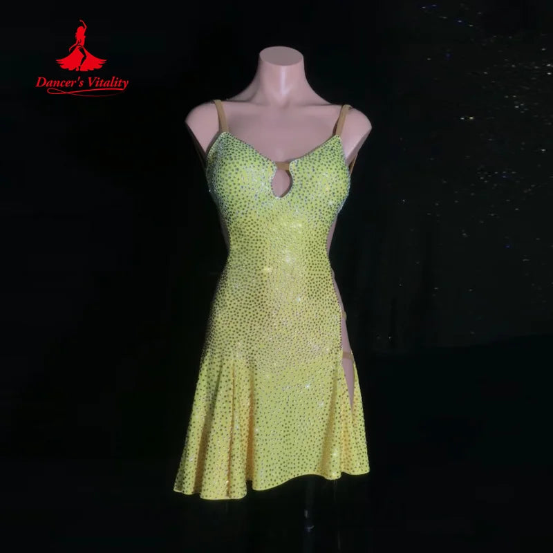 Latin Dancing Practice Clothes Customization Full Diamond Sexy Backless Fishtail Dress Women's Tango Chacha Performance Clothing