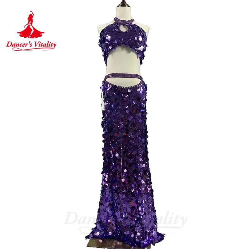 Belly Dance Costume for Women Customsized Big Sequins Top+split Long Skirt 2pcs Customsize Adult Child Oriental Professional Set