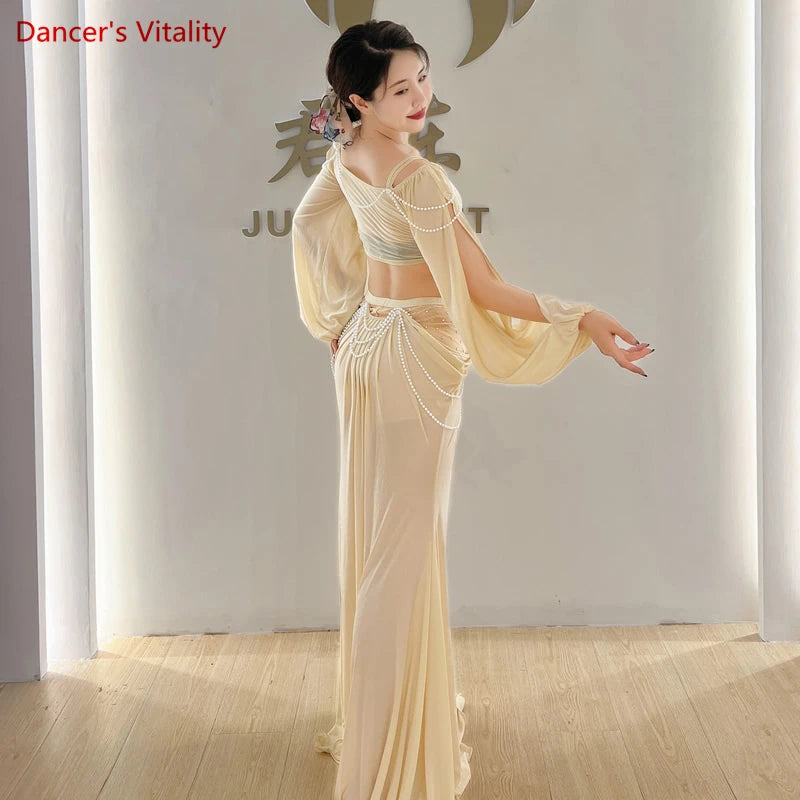 Belly Dance Clothing for Women Mesh Pearls Sleeves Top+long Skirt 2pcs Girl's Oriental Costumes Set Female Practice Wear Outfit