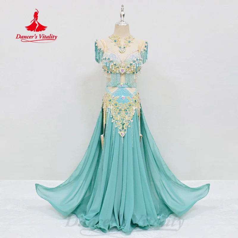 Belly Dancing Outfit Women Customized Pearl Tassel Bra+Luxury Diamond Split Long Skirt 2pcs Oriental Dance Performance Costumes