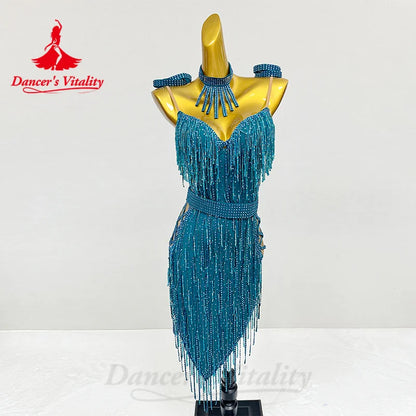 Latin Dance Performance Costumes Senior Diamond Backless Tassel Dress Customized Adult Children Tango Samba Latin Dance Dress