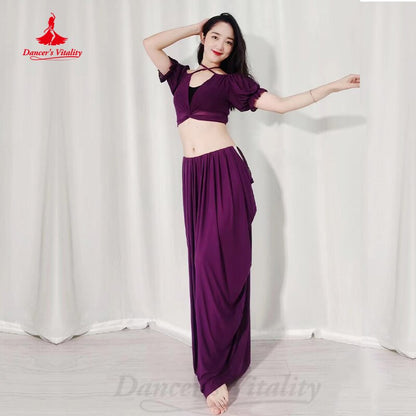 Belly Dancer Costume Suit Women Chiffon Short Sleeves Top+long Skirt 2pcs Girl Oriental Dancing Clothing Bellydance Wear Outfit