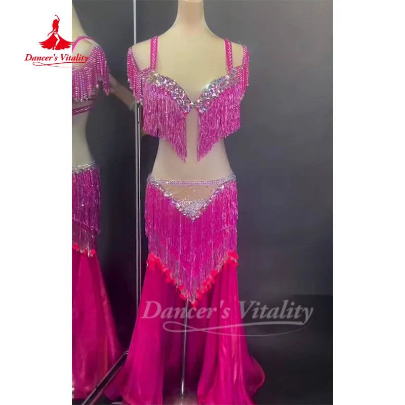 BellyDance Set Customized Senior AB Stones Fringe Suit Oriental Dance Drum Solo Competition Performance Outfit Dance's Vitality