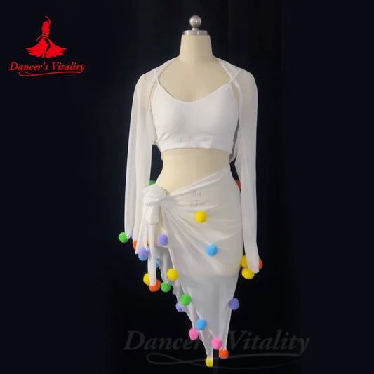 Belly Dance Costume Suit Customized Cotton Yarn Shawl+vest+Small Colored Ball Hip Scarf  3ps Oriental Dance Performance Costumes