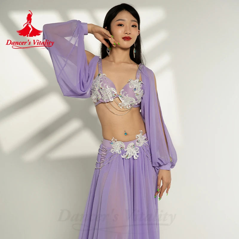 elly Dance Clothes Suit for Women Oriental Dance Outfit Bra+long Skirt Sleeves 3pcs Customzied Adult Belly Dancing Popsong Set