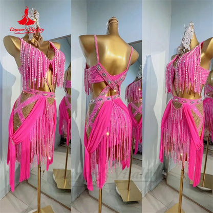 Latin Dance Performance Dress for Lady Rumba Chacha Tango Tassel Skirt Customsize Adult Child Latin Dancing Competiton Dresses