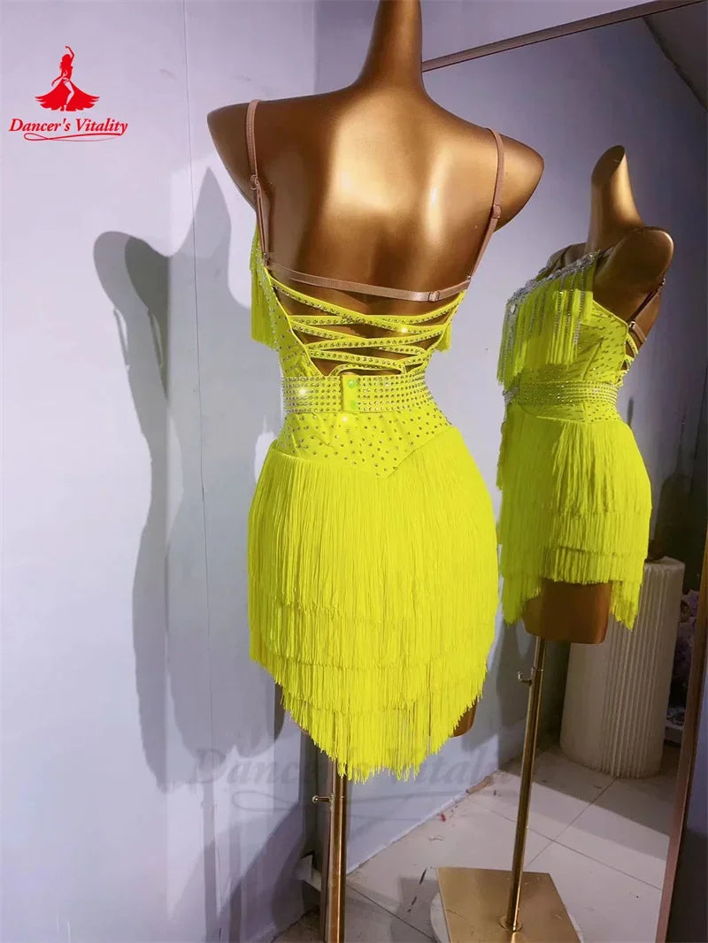 Latin Dance Fringe Dress for Women Rumba Chacha Tango Performance Tassel Skirt Costume Custom Adult Child Latin Dancing Dresses