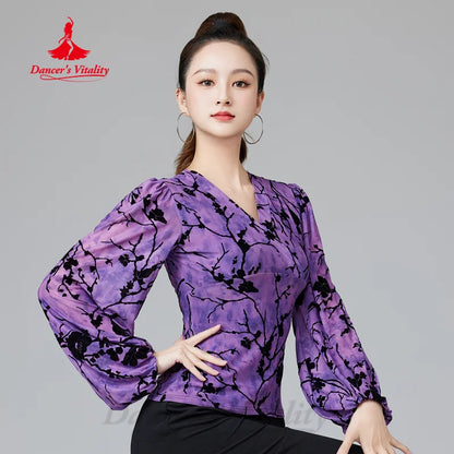 Latin Dance Performance Costumes Customized High-end Printed V-neck Long Sleeved Top Women Tango Samba Chacha Practice Clothing