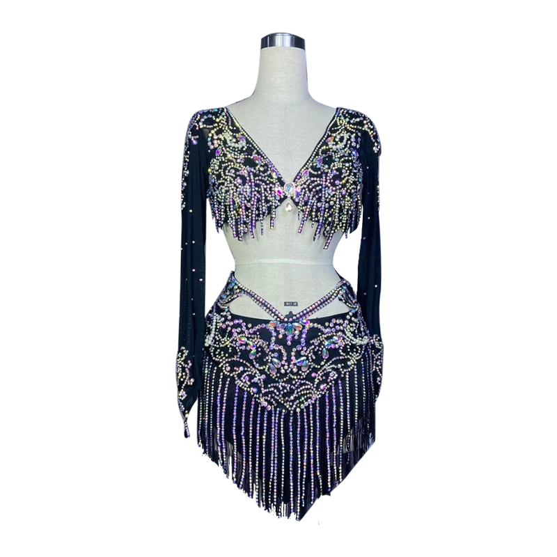 Belly Dance Costume Suit Customsized Mesh AB Stones Long Sleeves Top+tassel Short Skirt 2pcs Belly Dancing Performance Outfit