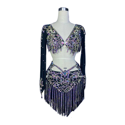 Belly Dance Costume Suit Customsized Mesh AB Stones Long Sleeves Top+tassel Short Skirt 2pcs Belly Dancing Performance Outfit