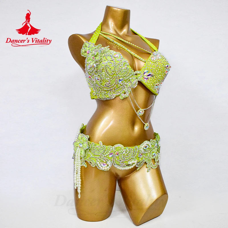 Belly Dance Performance Set for Women Senior AB Stones Bra+belt Pcs Customsized Oriental Belly Dancing Competiton Suit