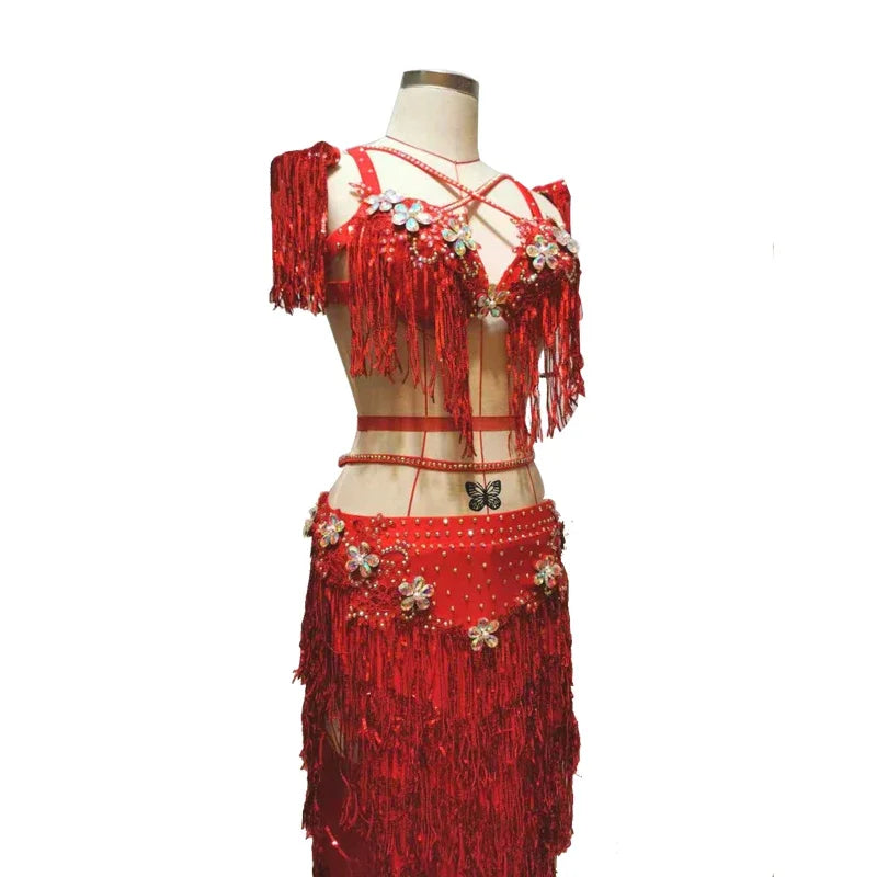 Belly Dance Set Sequins Sling Bra Tassel Skirt Performance Clothes Suit High-End Custom Adult Child Elegant Competition Clothing