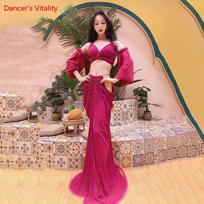 Belly Dance Practice Clothes Female Oriental Dance Top+sleeves+long Skirt 3pcs for Women Belly Dancing Outfit Bellydance Set