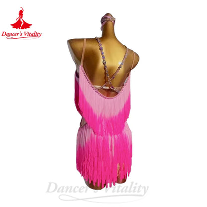 Latin Dance Dress for Women Customsized Stones Rumba Chacha Tango Performance Fringe Skirt Adult Children Latin Tassel Dresses