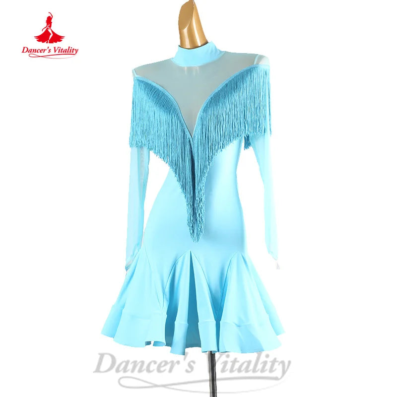 Latin Dancing Dresses Customized Long Sleeved Tassels Fishtail Skirt Women Tango Chacha Lombard Professional Performance Costume