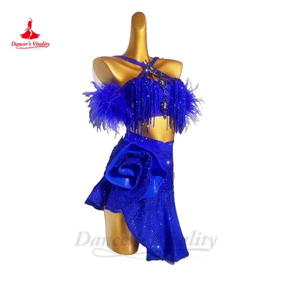 Latin Dress Senior AB Stones Mesh Rumba Chacha Tango Competiton Professional Costume Clothing Custom Adult Child Latin Dresses