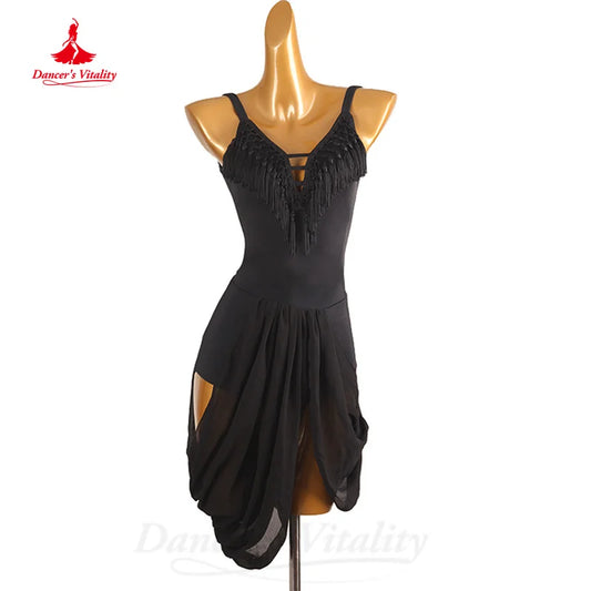 Latin Dance Practice Costumes Customized Black Sexy Backless Dress Women Tango Chacha Samba Professional Competition Dresses