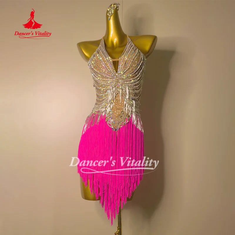 Latin Dance Competition Costumes for Adults and Children Customized High-end Luxury AB Stones Fringe Dresses Dancer's Vitality
