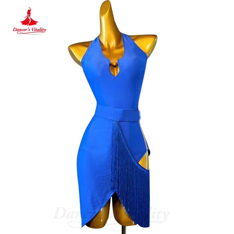 Latin Dance Practice Costume Customized Customized V-neck Sexy Backless Tassel Dress Women Tango Rumba Samba Competition Dresses