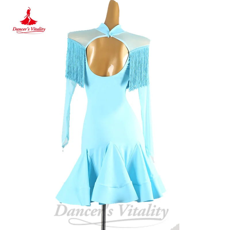 Latin Dancing Dresses Customized Long Sleeved Tassels Fishtail Skirt Women Tango Chacha Lombard Professional Performance Costume