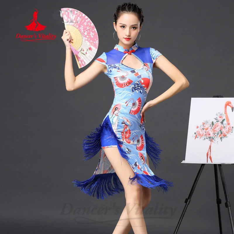 Latin Dance Performance Costumes for Women's Customized High End Printed Tassel Dress Tango Chacha Samba Competition Dresses