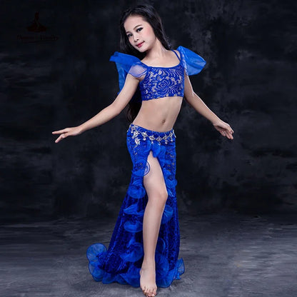 Girls Professional belly dancing clothes luxury sleeveless top+lace split sirt 2pcs child dance set kids belly dance suit SML