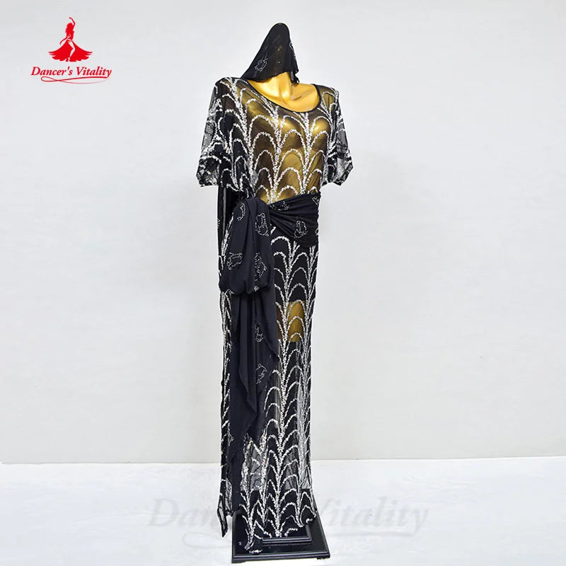 BellyDance Robe Customized Black Sexy Gauze Sequin Short Sleeve Dress Women Oriental Dance Professional Performance Clothing