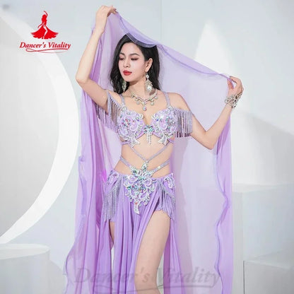 Belly Dance Performance Set Exquisite Pearl Bra+Tassel Chiffon Long Skirt 2pcs Adult Women's Oriental Dance Competition Costumes