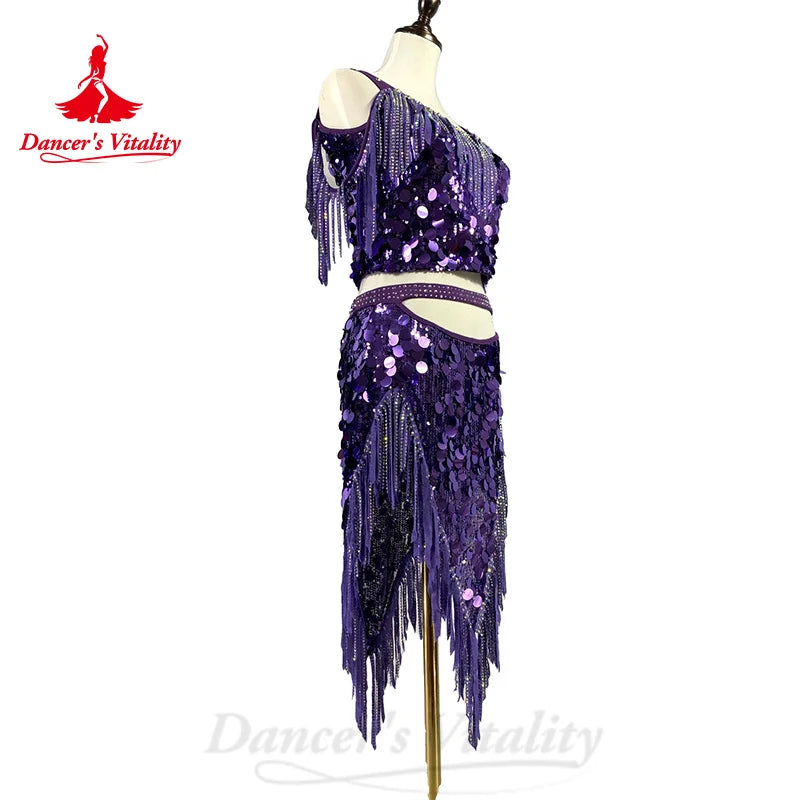 BellyDance Costume Set Customsized Big Sequins Top+Sexy Fringe Skirt 2pcs Adult Children Oriental Dance Performance Costumes