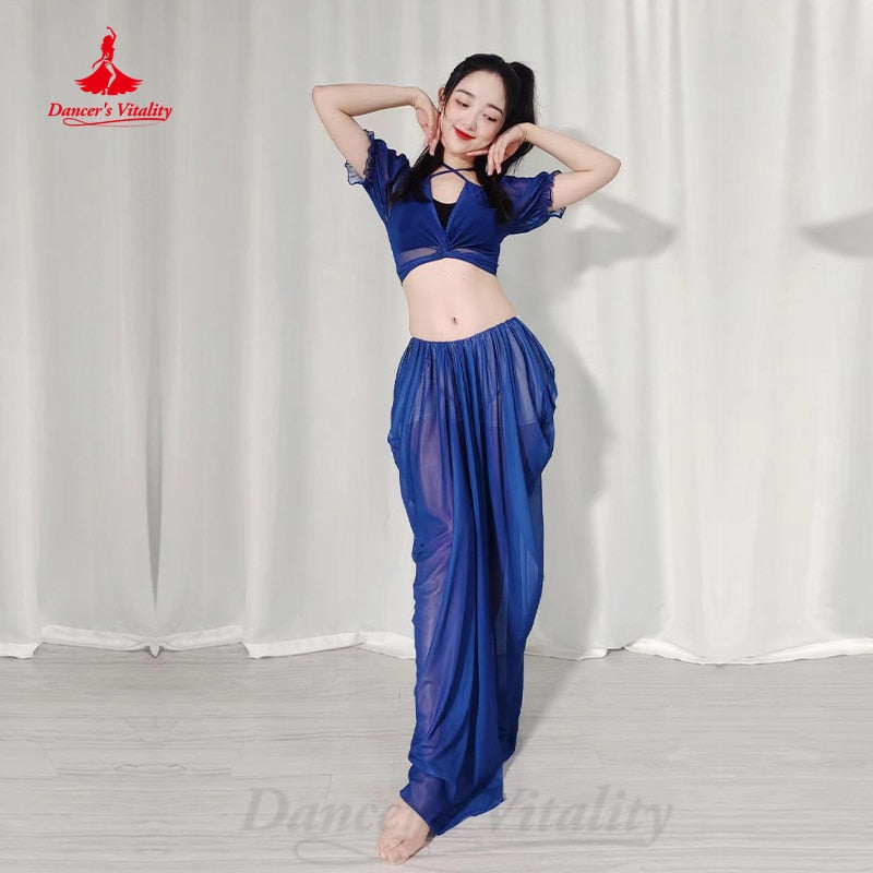 Belly Dancer Costume Suit Women Chiffon Short Sleeves Top+long Skirt 2pcs Girl Oriental Dancing Clothing Bellydance Wear Outfit