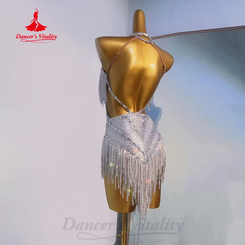 Latin Dance Performance Costume Customization High End Luxury Full Diamond Tassel Dress Adult and Children Competition Clothing