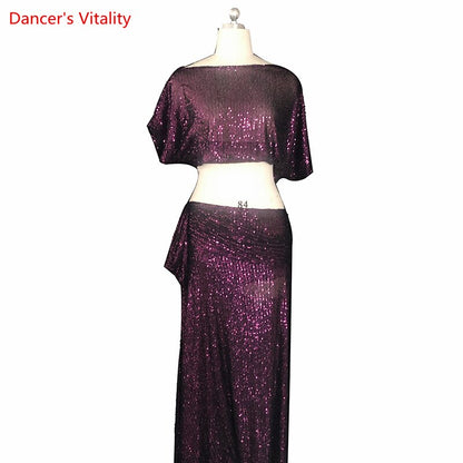 Belly Dance Performance Costume Dress Customzied Short Sleeves Top+bling Bling Long Skirt 2pcs for Women Bellydancing Wear