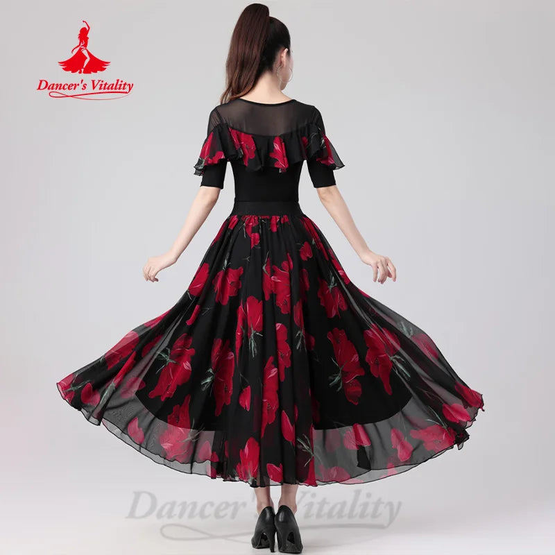 Modern Dancing Latin Dance Clothing Women's Customized Elegant Print Performance Set Adult Tango Chacha Samba Practice Clothes