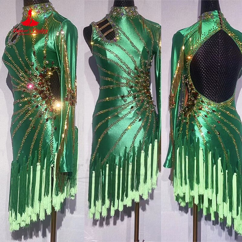 Latin Dance Competition Suit Green Diamond Performance Costume Adult Female Rumba Chacha Tango Latin Dance Black Pool Dresses