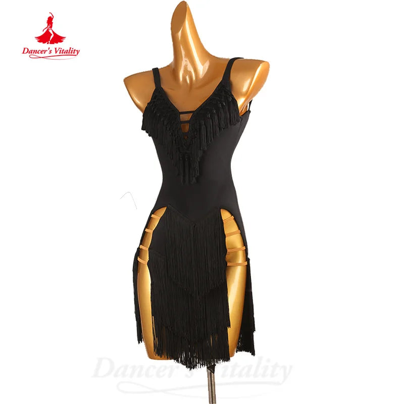 Latin Dance Professional Practice Clothing Customized Sexy Black Tassel Split Dress Women Tango Chacha Samba Performance Costume