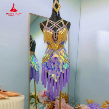 Latin Dance Professional Dress Customsized for Women Rumba Chacha Tango Clothes Female Children High-end Latin Fringe Dress